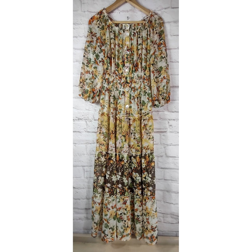 Fig & Flower Womens Sheer Floral Tiered Maxi Smock Dress Size 1X Boho Prairie